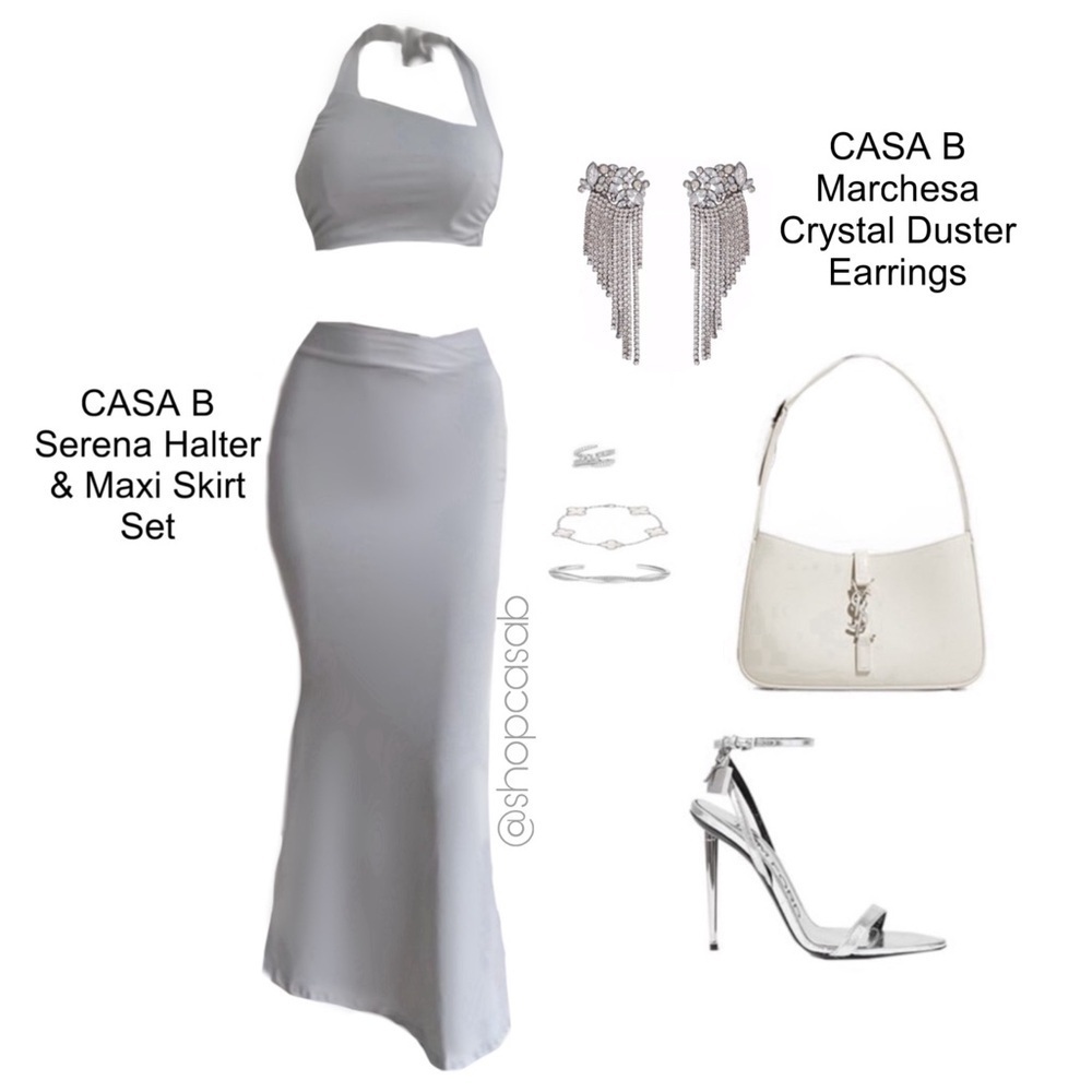 NEW to CASA B| Serena Grey Ruched Halter Crop & High-Waist Flared Maxi Skirt Set